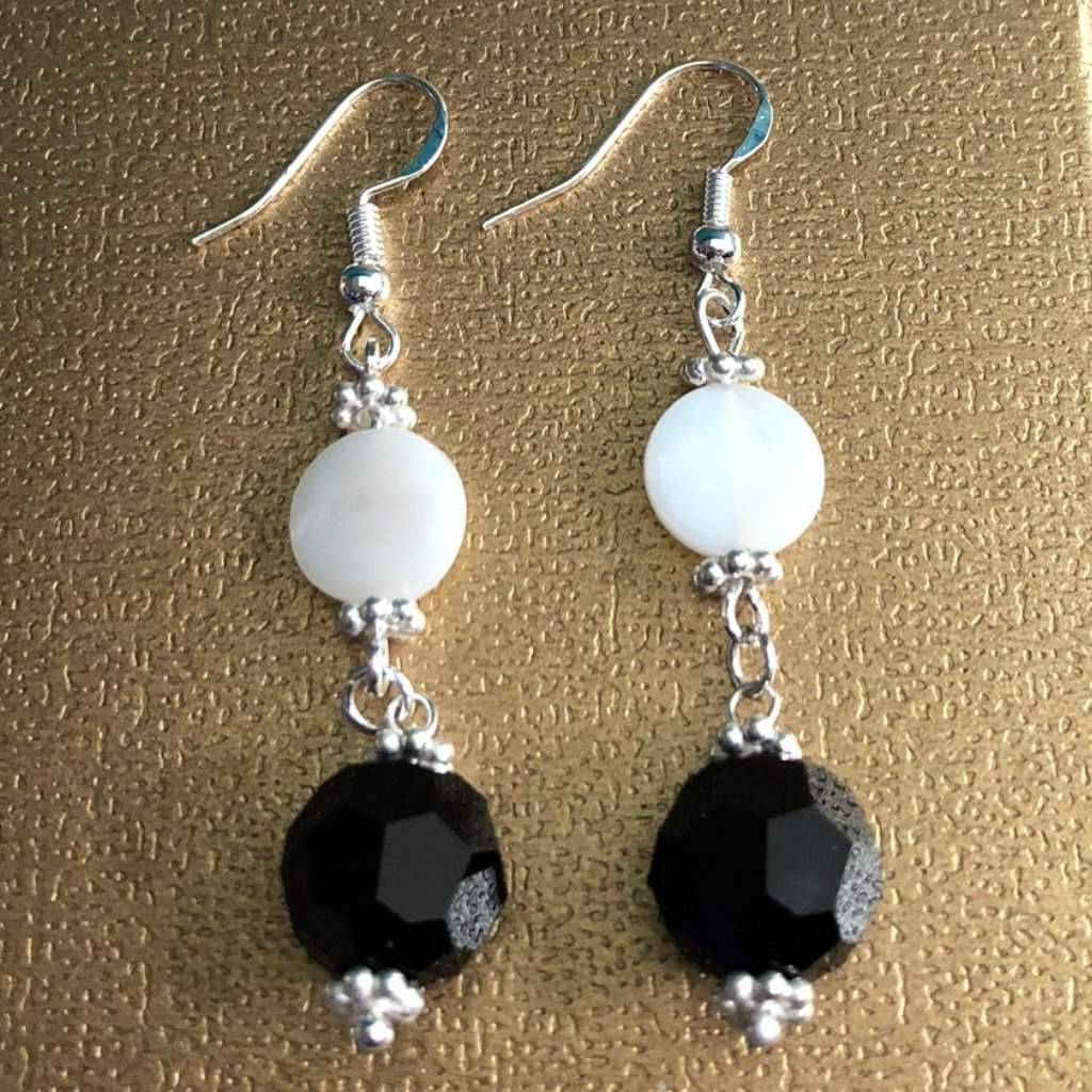 Black Swarovski and White Pearl Dangle Earrings-Dangle Earrings,Sterling Silver Earrings