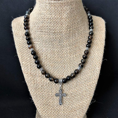 Mens Black and Smoky Brown Agate Beaded Necklace With Silver Cross-Beaded Necklaces,Black,Cross,Religious
