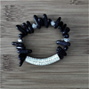 Black Natural Stick Stone and Silver Crystal Bar Bracelet-Beaded Bracelets,Black