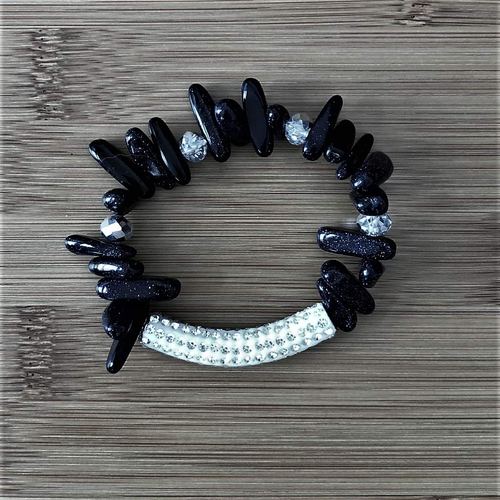 Black Natural Stick Stone and Silver Crystal Bar Bracelet-Beaded Bracelets,Black