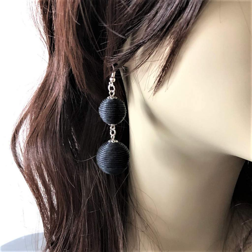 Black Thread Ball Dangle Earrings-Black,Dangle Earrings