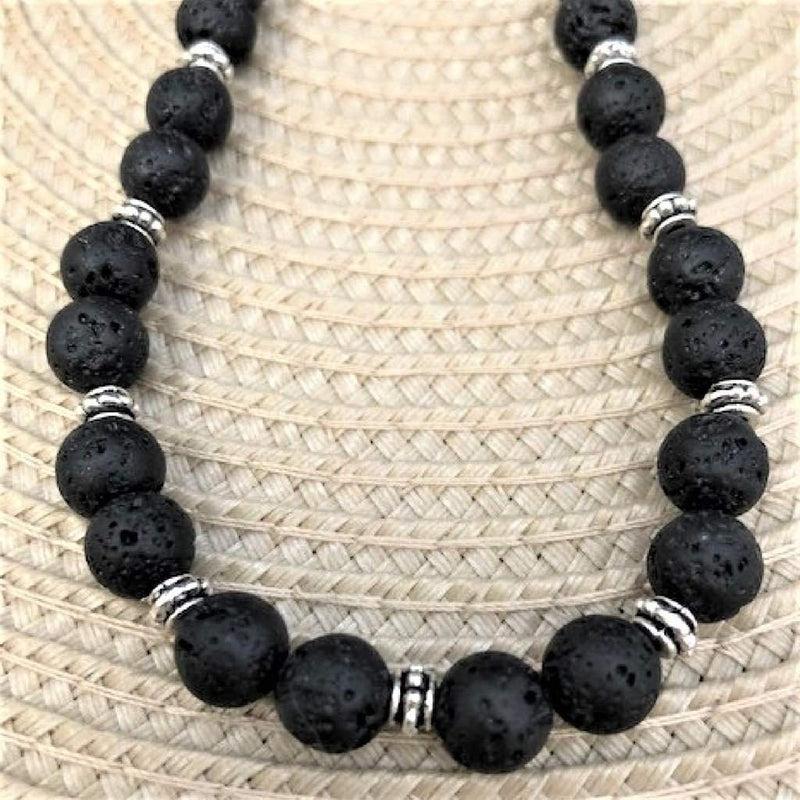 Black Lava Rock Beaded Necklace-Beaded Necklaces,Black,Lava