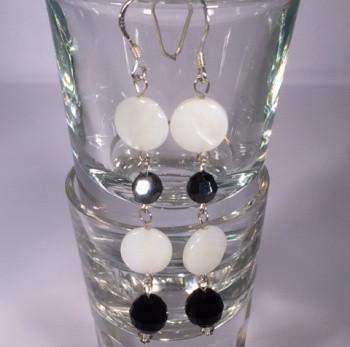 Black Swarovski and White Shell Sterling Silver Dangle Earrings-Dangle Earrings,Sterling Silver Earrings