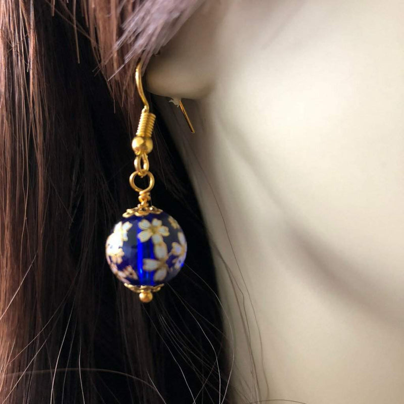 Blue Glass Bead and Flowers Dangle Earrings-Blue,Dangle Earrings