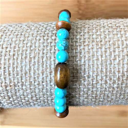 Turquoise Magnesite and Brown Wood Beaded Bracelet-Beaded Bracelets,Stacked,Turquoise,Wood