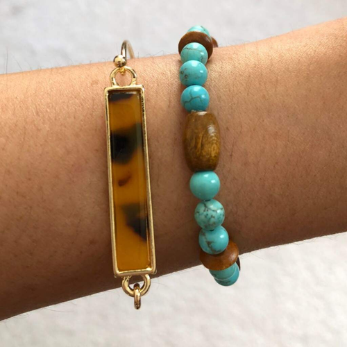 Turquoise Magnesite and Brown Wood Beaded Bracelet-Beaded Bracelets,Stacked,Turquoise,Wood