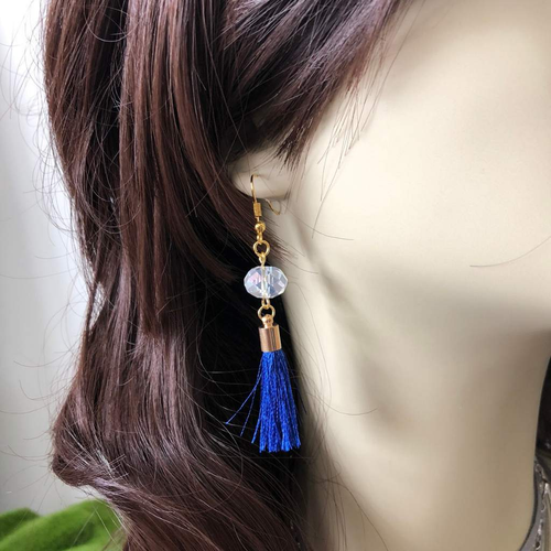 Blue Tassel and Clear Crystal Dangle Earrings-Dangle Earrings,Tassel Necklaces