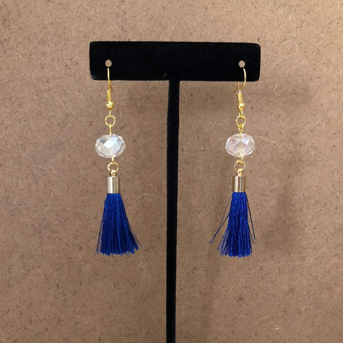 Blue Tassel and Clear Crystal Dangle Earrings-Dangle Earrings,Tassel Necklaces