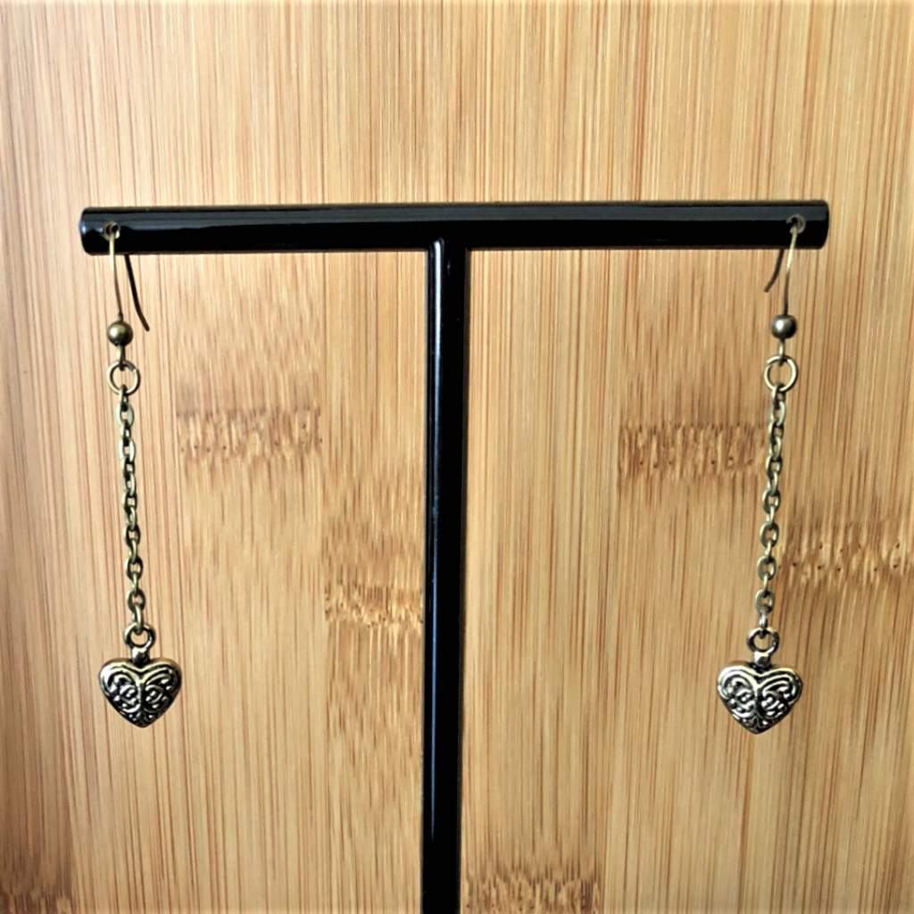 Brass Heart Long Earrings-Dangle Earrings,Gold Earrings