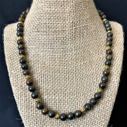 Bronzite Mens Beaded Necklace-Beaded Necklaces,Brown,mens