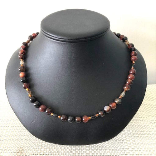 Round Brown and Black Agate Beaded Mens Necklace-Agate,Beaded Necklaces,Brown,mens