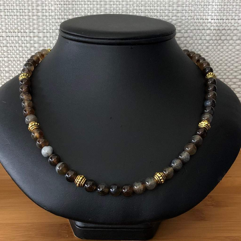Brown Line Agate Mens Beaded Necklace-Beaded Necklaces,Brown,mens