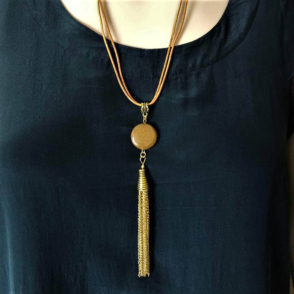 Brown Jasper and Leather Long Tassel Necklace-Brown,Long Necklaces,Tassel Necklaces