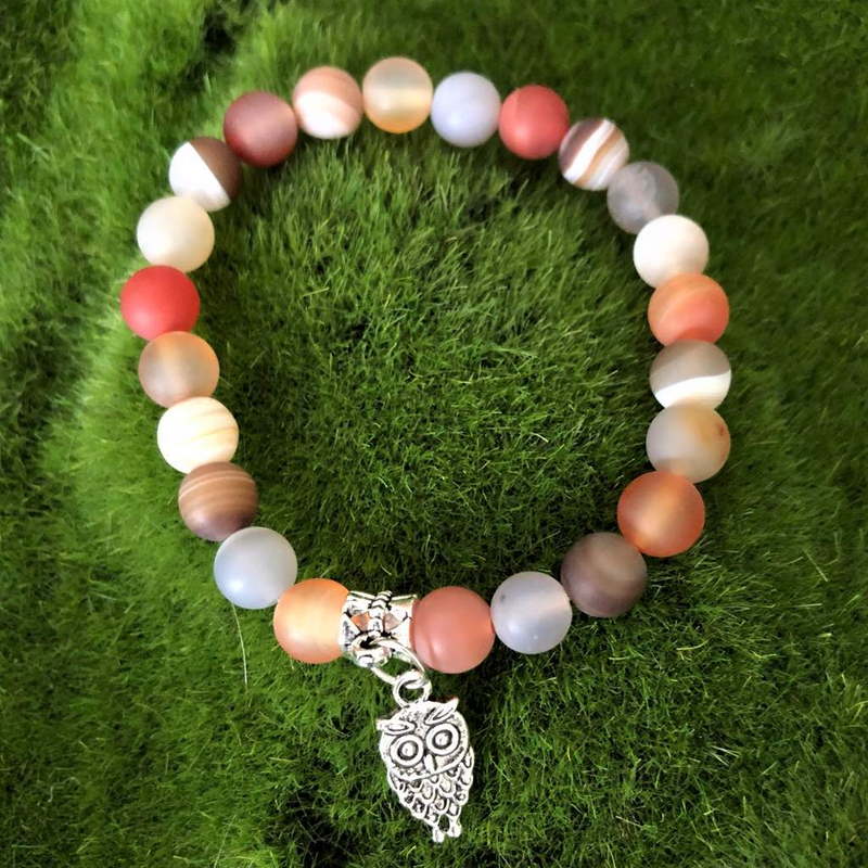 Carnelian Matte Agate Beaded Bracelet with Silver Owl Charm-Beaded Bracelets,Red