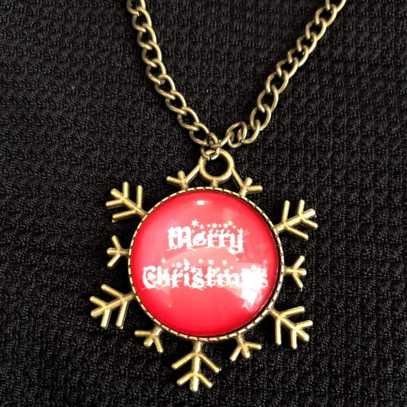 Merry Christmas Snowflake Cabochon Pendant Necklace-Christmas,Gold Necklaces,Long Necklaces,Red
