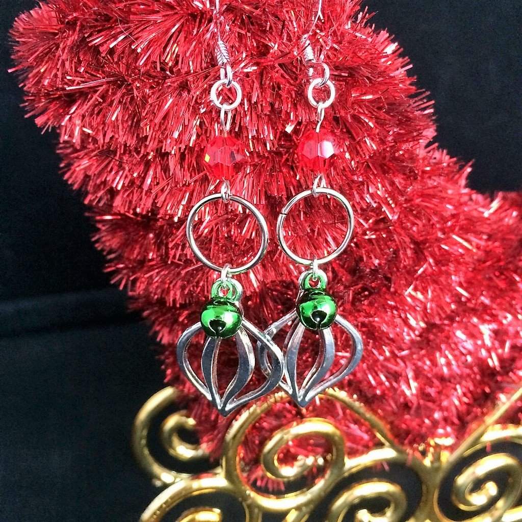 Christmas Ornament Dangle Earrings-Christmas,Dangle Earrings,Green,Red,Silver Earrings