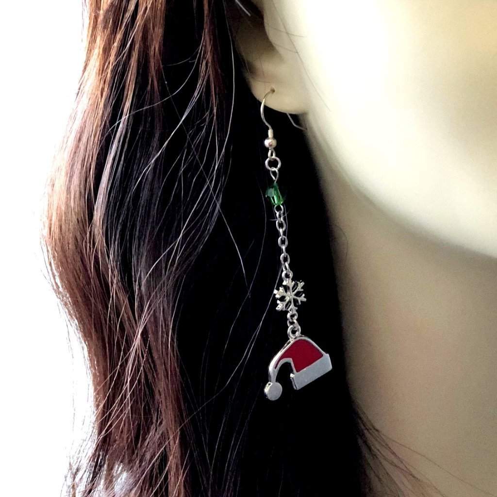 Santa Clause Christmas Stocking Hat Long Dangle Earrings-Christmas,Dangle Earrings,Red,Silver Earrings