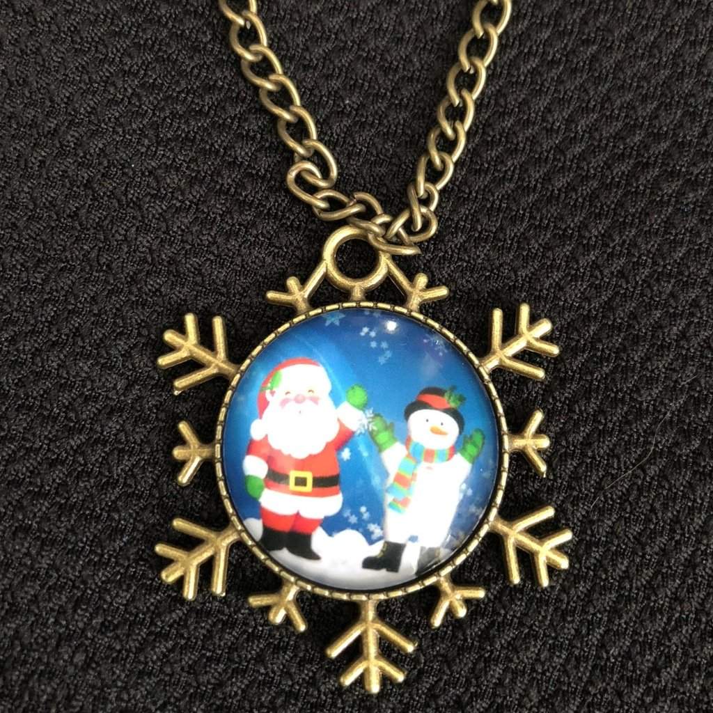 Santa Clause and Snowman Christmas Snowflake Necklace-Christmas,Gold Necklaces,Long Necklaces