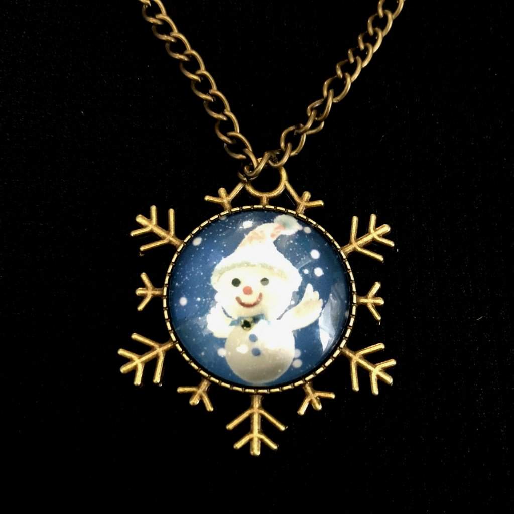 Snowman Blue Cabochon Christmas Snowflake Pendant Necklace-Christmas,Gold Necklaces,Long Necklaces