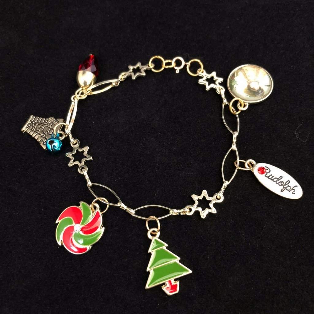 Gold Christmas Charm Bracelet with Christmas Tree and Ornaments-Charms,Christmas,Gold Bracelets