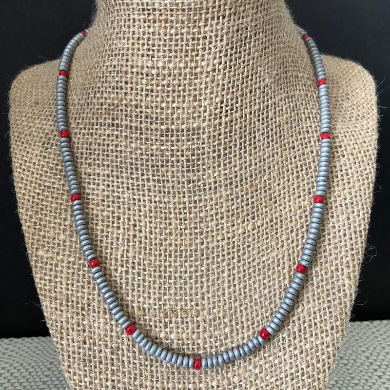 Concrete Gray Hematite Matte and Red Beaded Mens Necklace-Beaded Necklaces,Gray,mens