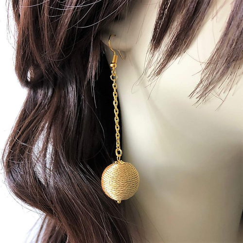 Gold Ball Long Dangle Earrings-Dangle Earrings,Earrings,Gold