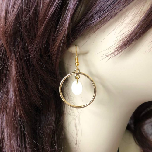 Gold Hoop and White Shell Dangle Earrings-Dangle Earrings,Gold Earrings,Shell,White