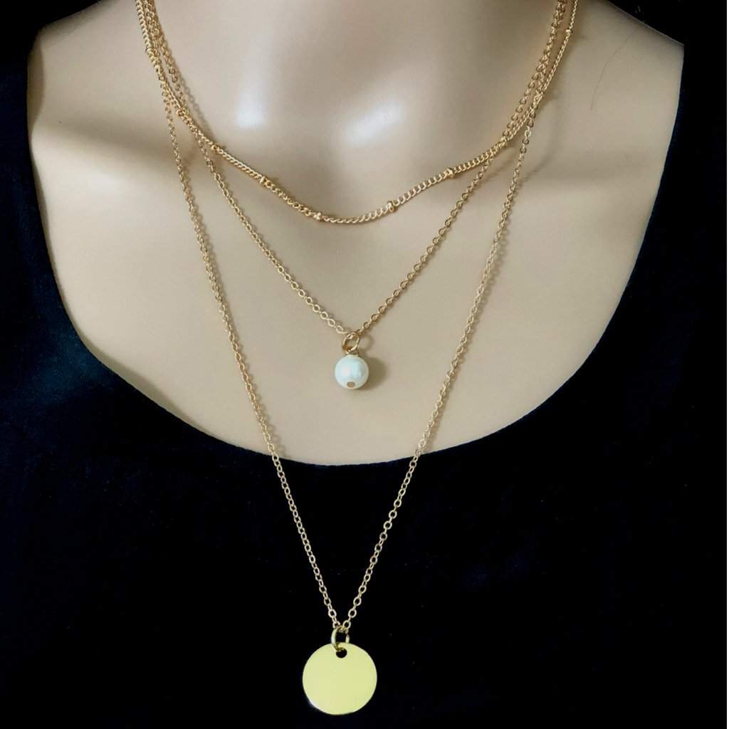 Gold Layered Pearl Drop and Disc Necklace-Gold Necklaces,Layered Necklaces,Pearls