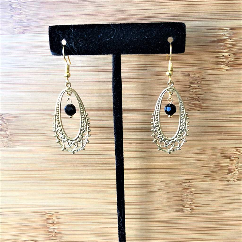 Gold Ornate Oval and Black Crystal Drop Earrings-Dangle Earrings,Gold Earrings