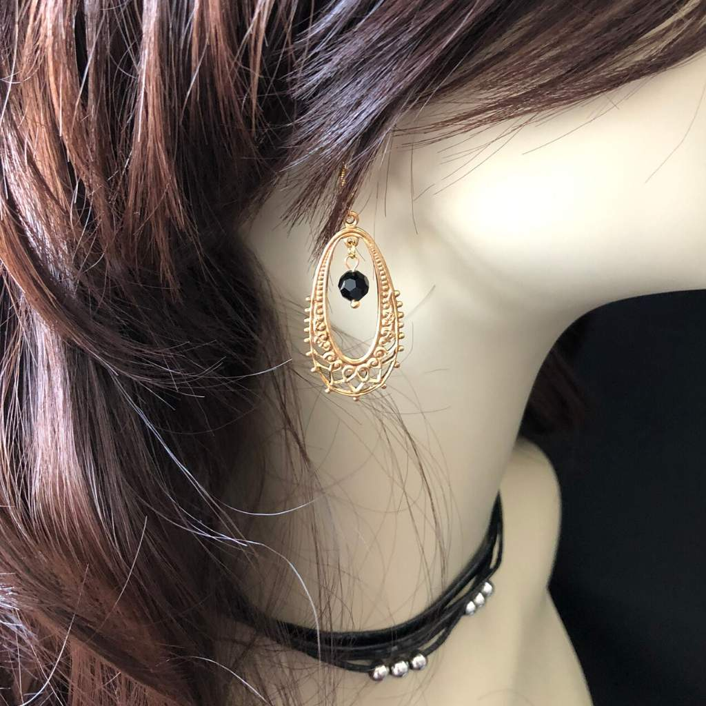 Gold Ornate Oval and Black Crystal Drop Earrings-Dangle Earrings,Gold Earrings