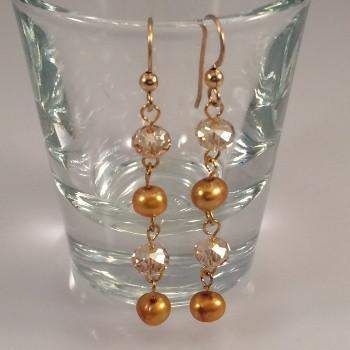 Gold Freshwater Pearl Earrings with Swarovski Crystals-Dangle Earrings,Gold Earrings,Pearls