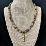 Mens Golden Wooden Jasper Beaded Cross Necklace-Beaded Necklaces