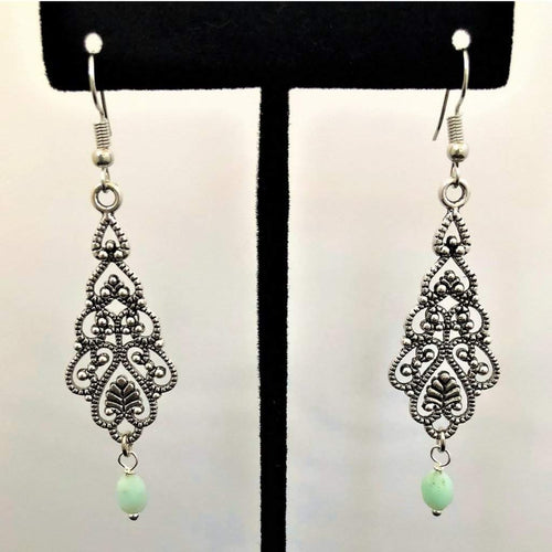 Chrisolas Single Stone Green Antique Silver Dangle Earrings-Dangle Earrings,Green,Silver Earrings