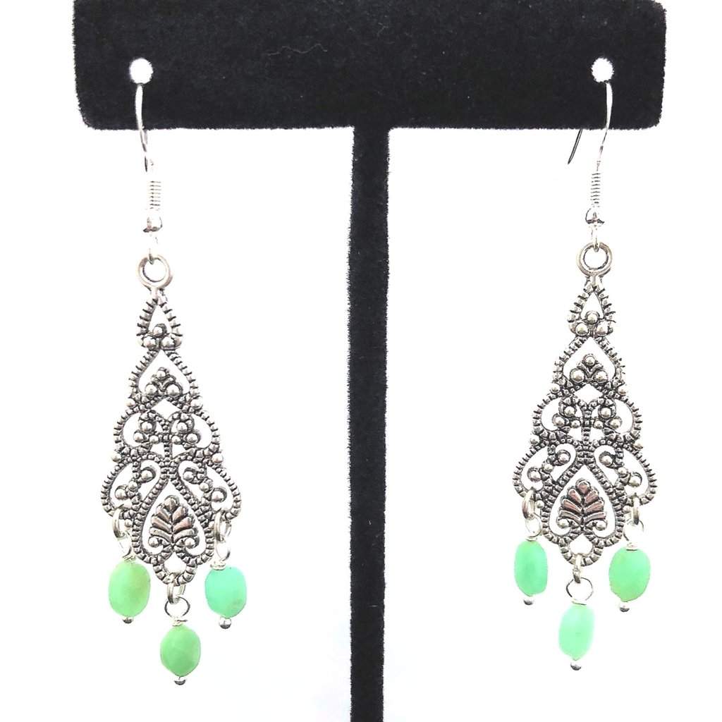 Chrisolas Green Stone Antique Silver Dangle Earrings-Dangle Earrings,Green,Silver Earrings