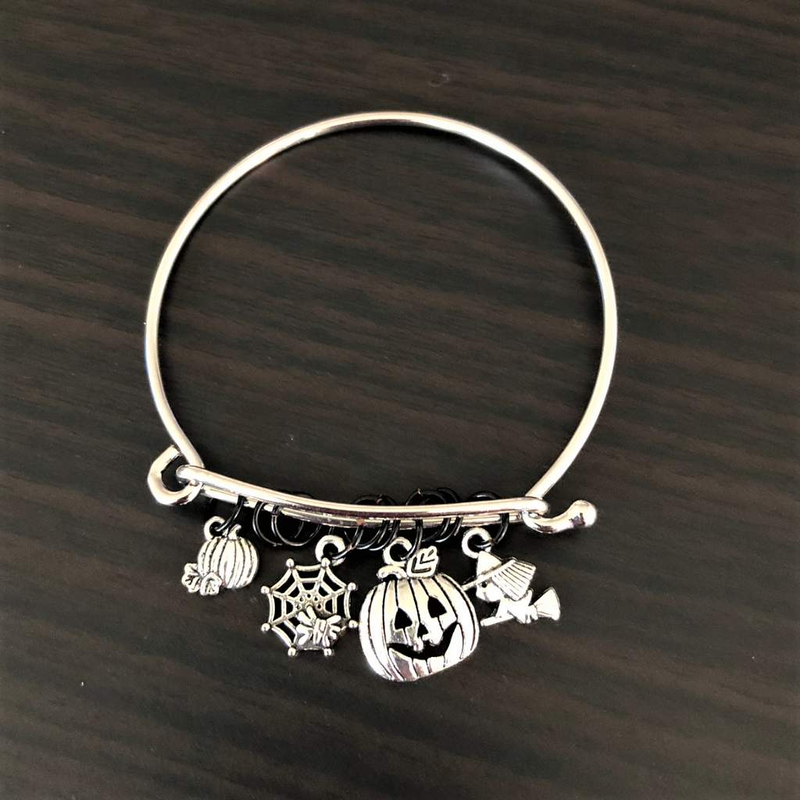 Silver Halloween Pumpkins Witch and Spider Web Bangle Bracelet-Bangle Bracelets,Charms,Halloween,Silver Bracelets