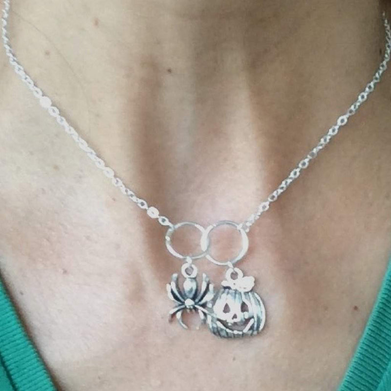 Halloween Silver Chain Pumpkin and Spider Necklace-Halloween,Silver Necklaces