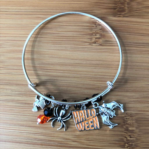Halloween Witch Spider and Bat Silver Bangle Bracelet-Bangle Bracelets,Charms,Halloween,Silver Bracelets