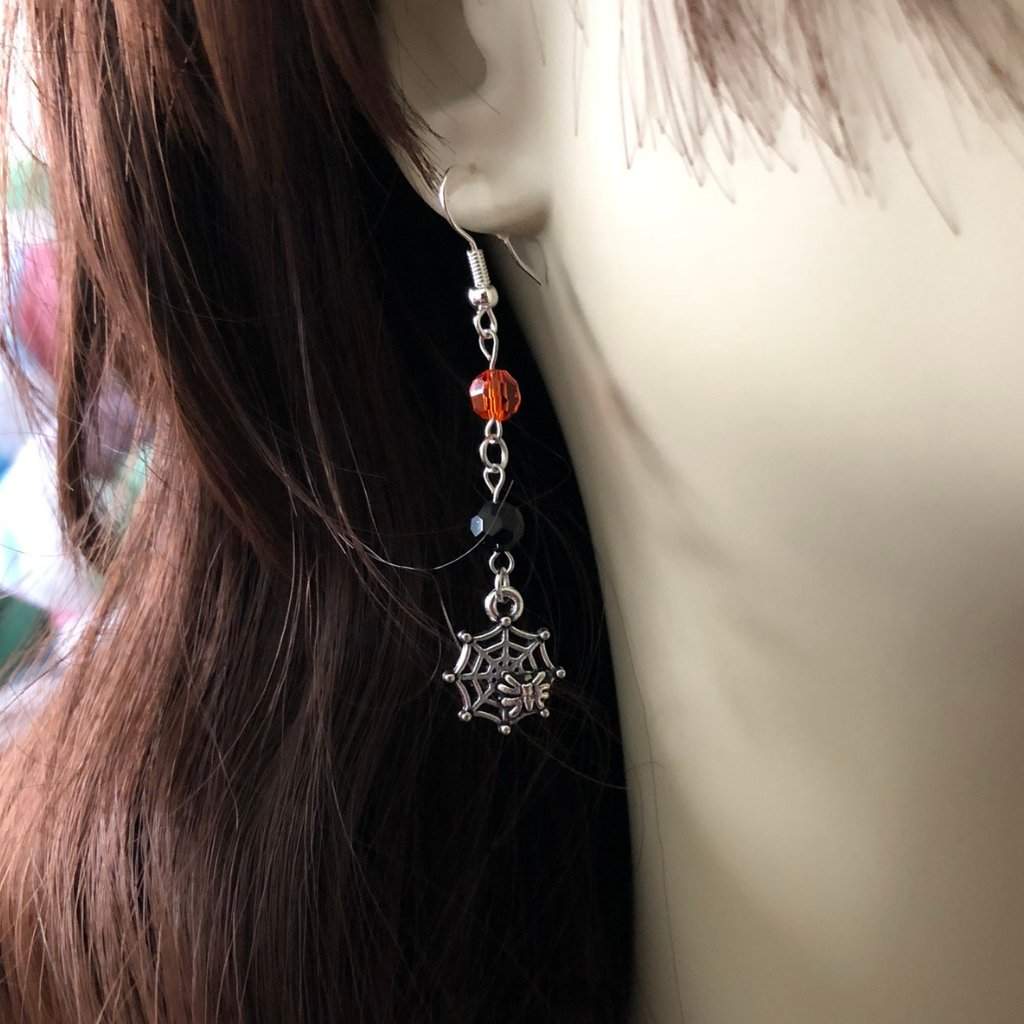 Halloween Spider Dangle Earrings-Black,Dangle Earrings,Halloween,Orange,Silver Earrings