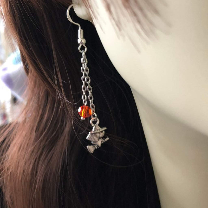 Halloween Witch Long Dangle Earrings-Dangle Earrings,Halloween,Silver Earrings