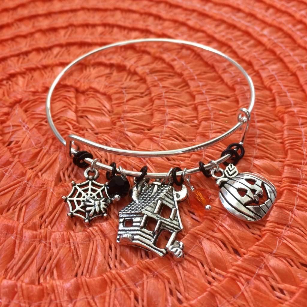 Halloween Haunted House, Spider Web, and Pumpkin Bangle Bracelet-Halloween,Silver Bracelets