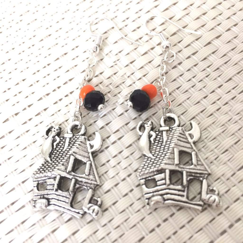 Halloween Haunted House Dangle Earrings-Dangle Earrings,Halloween,Silver Earrings