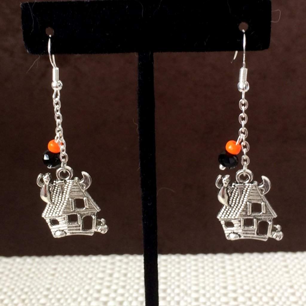 Halloween Haunted House Dangle Earrings-Dangle Earrings,Halloween,Silver Earrings