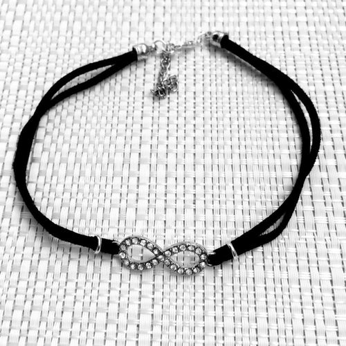 Black Suede Choker with Silver Crystal Infinity Symbol-Black,Chokers,Necklaces