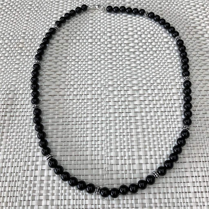 Mens Black Onyx and Silver Beaded Necklace-Beaded Necklaces,Black,Black Onyx,mens