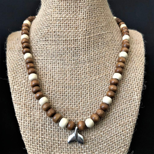 Brown and White Wood Beaded Mens Necklace with Silver Whale Tail Pendant-Beaded Necklaces,Brown,Wood