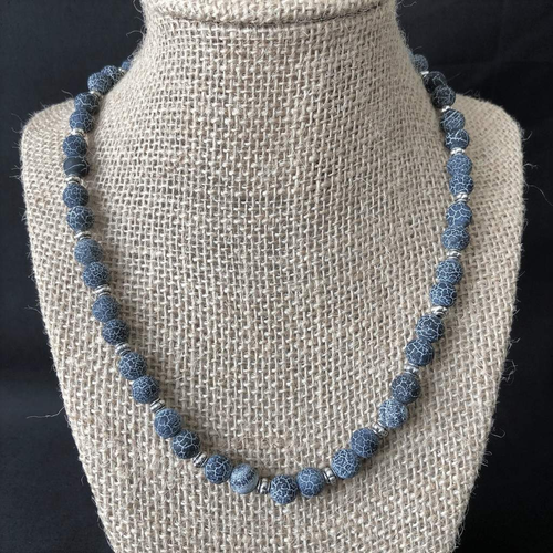 Midnight Blue Fire Agate Matte Mens Necklace-Agate,Beaded Necklaces,Blue,mens