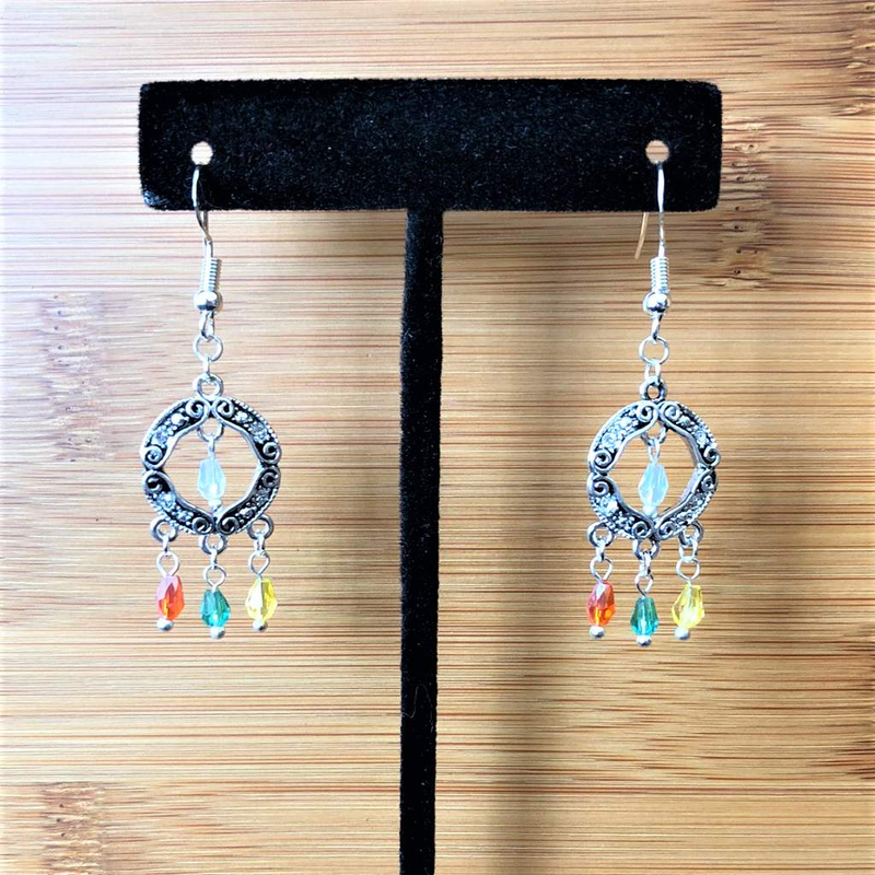 Silver Round Multi Colored Crystal Drop Earrings-Dangle Earrings,Silver Earrings