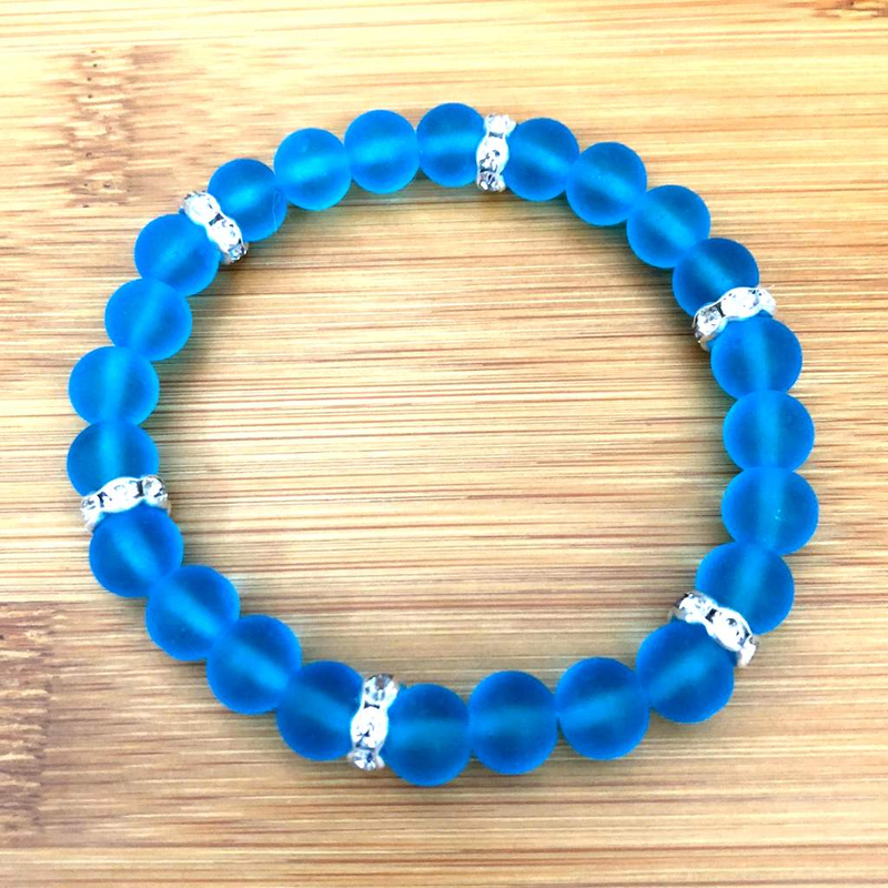 Pacific Blue Matte Glass Beaded Bracelet-Beaded Bracelets,Blue,Stacked