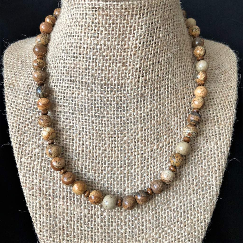 Brown Picture Jasper Mens Beaded Necklace-Beaded Necklaces,Brown,mens