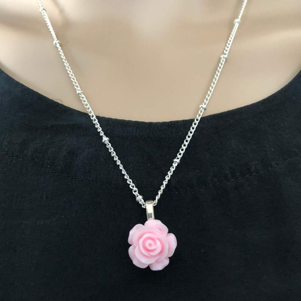 Buy the Pink Rose Flower Pendant Necklace JaeBee Jewelry